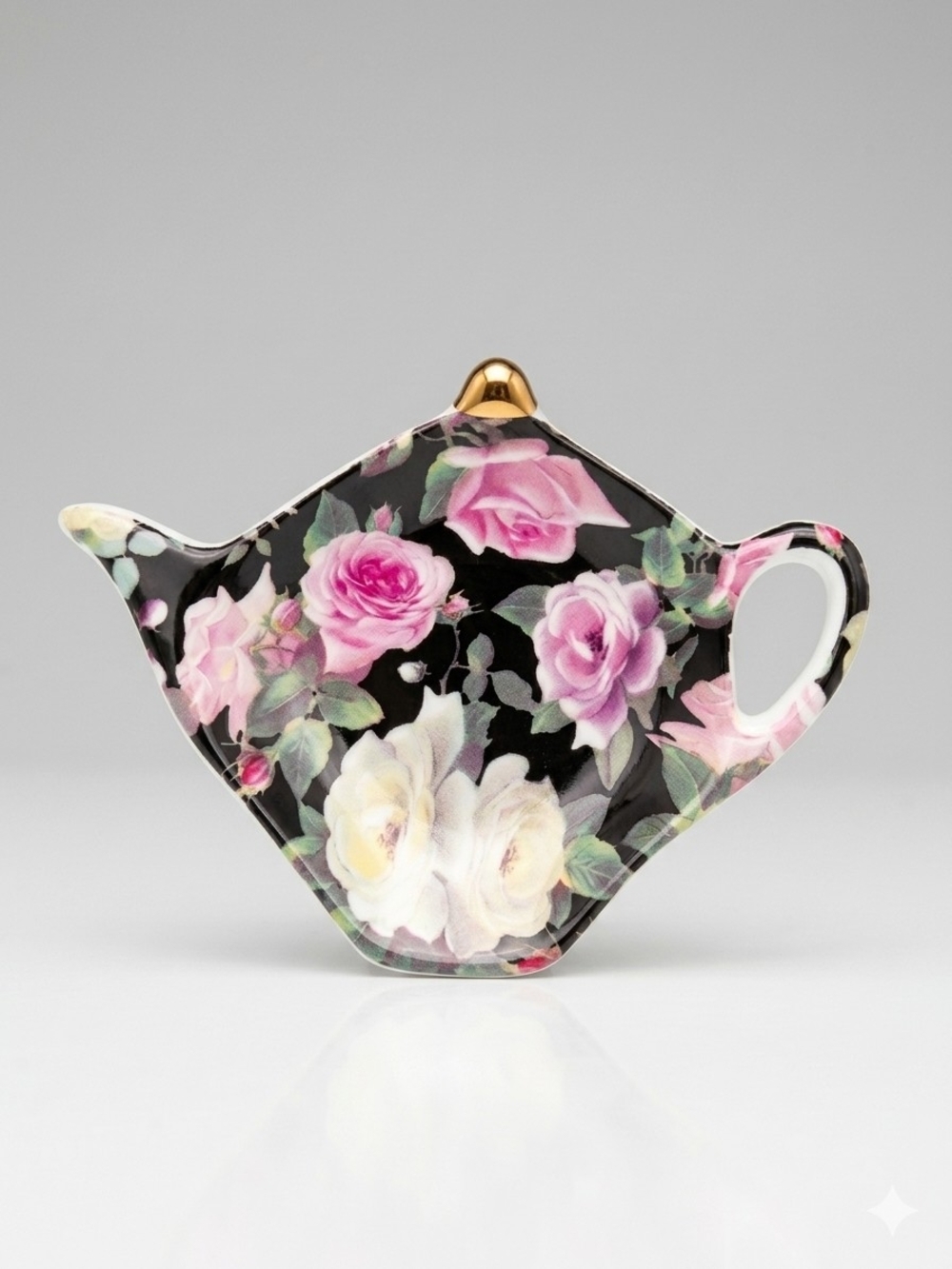 Floral Ceramic Key & Misc. Holder in Black with Pink and Cream Roses